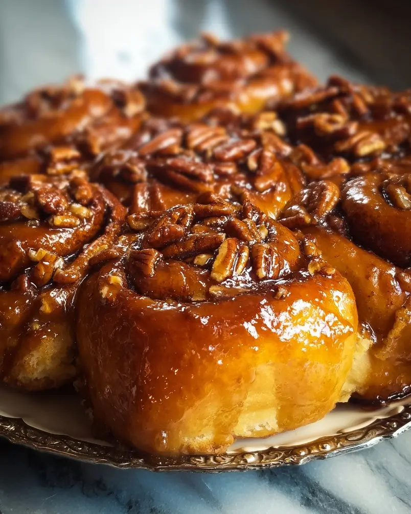 Sticky Buns 3 A pan of partially baked sticky buns, showing the golden brown dough and bubbling caramel topping.